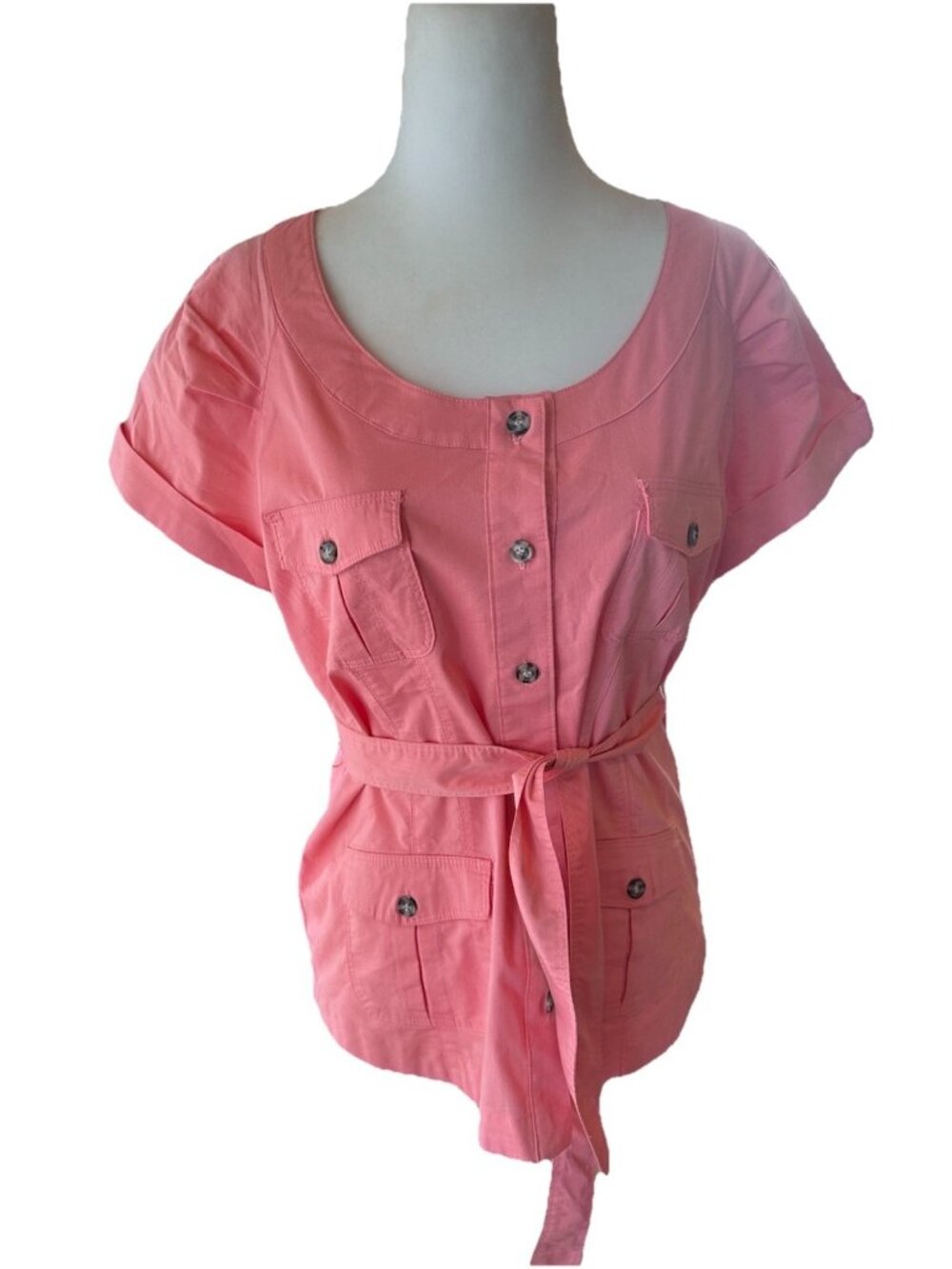 New York & Company Pink Button Up Belted Pleated Sleeve Size M Retro